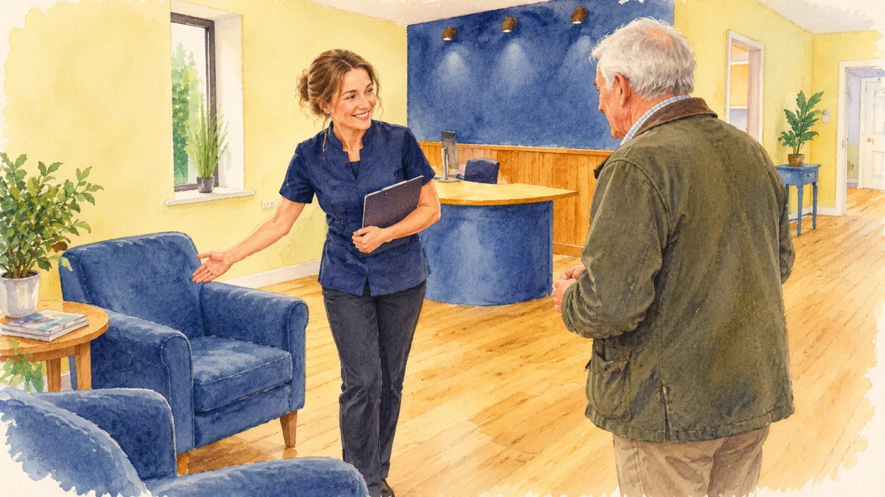 Illustration: a welcoming female receptionist offering a blue upholstered chair to a nervous older man.