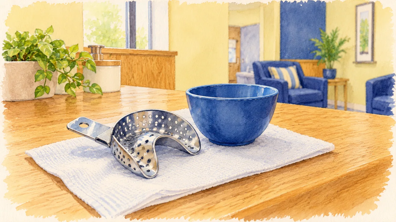 Illustration: a clean impression tray and small blue bowl on a tidy oak dental worktop.