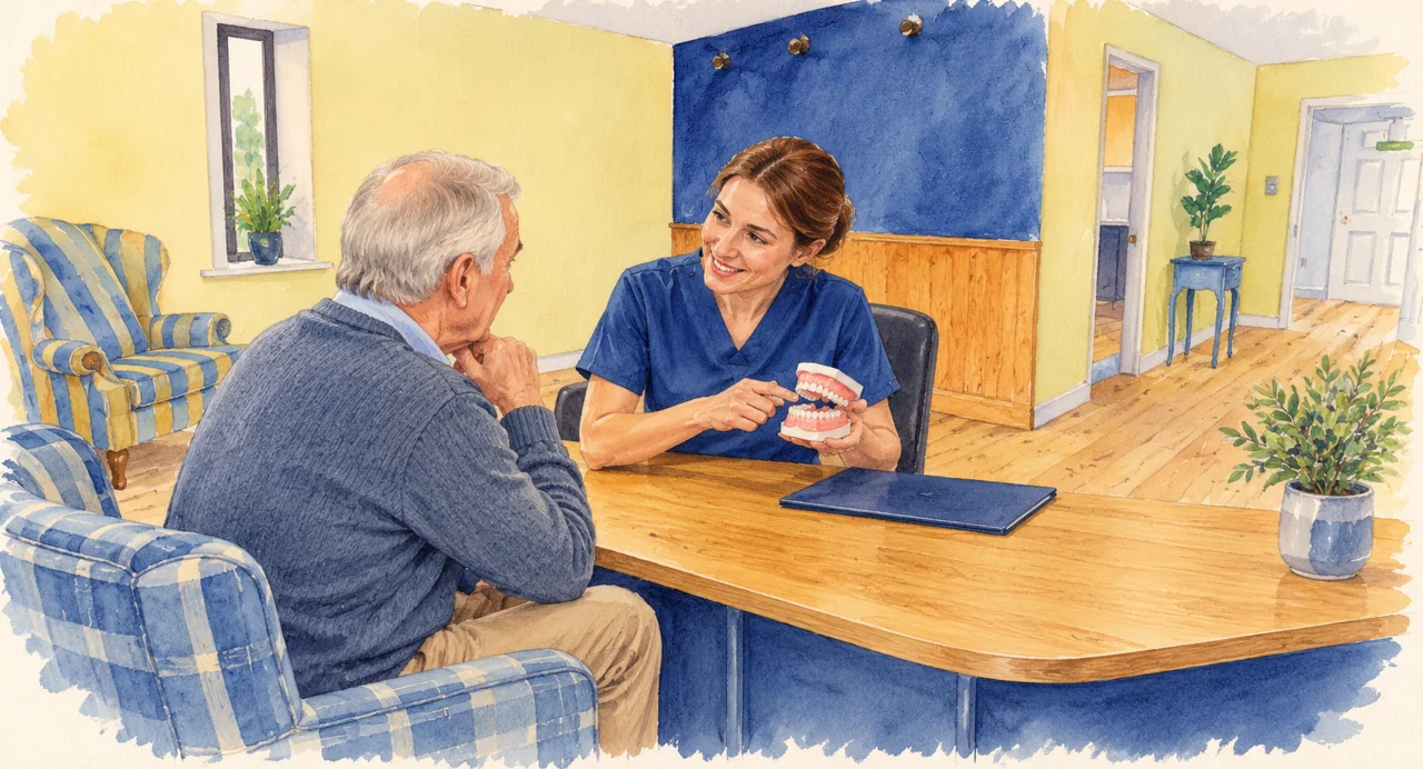 Illustration: a clinician in blue scrubs explaining a simple dental model to an older man at an oak desk.
