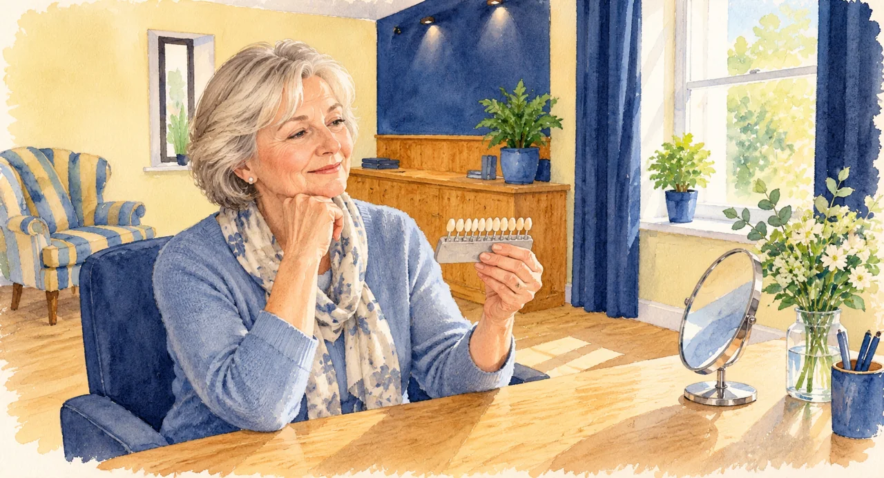Illustration: an older woman comparing a tooth shade guide beside a sunny window with navy curtains.