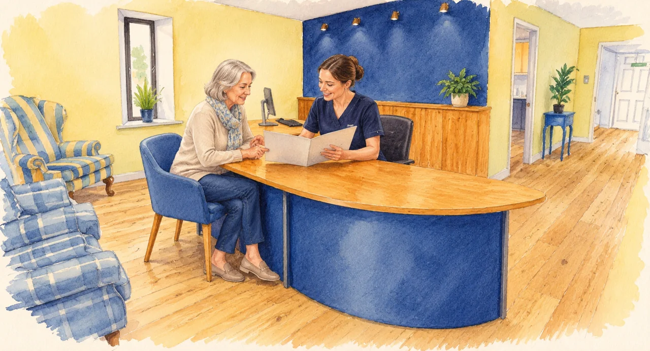 Illustration: two people reading a plain treatment folder together at a blue and oak consultation desk.