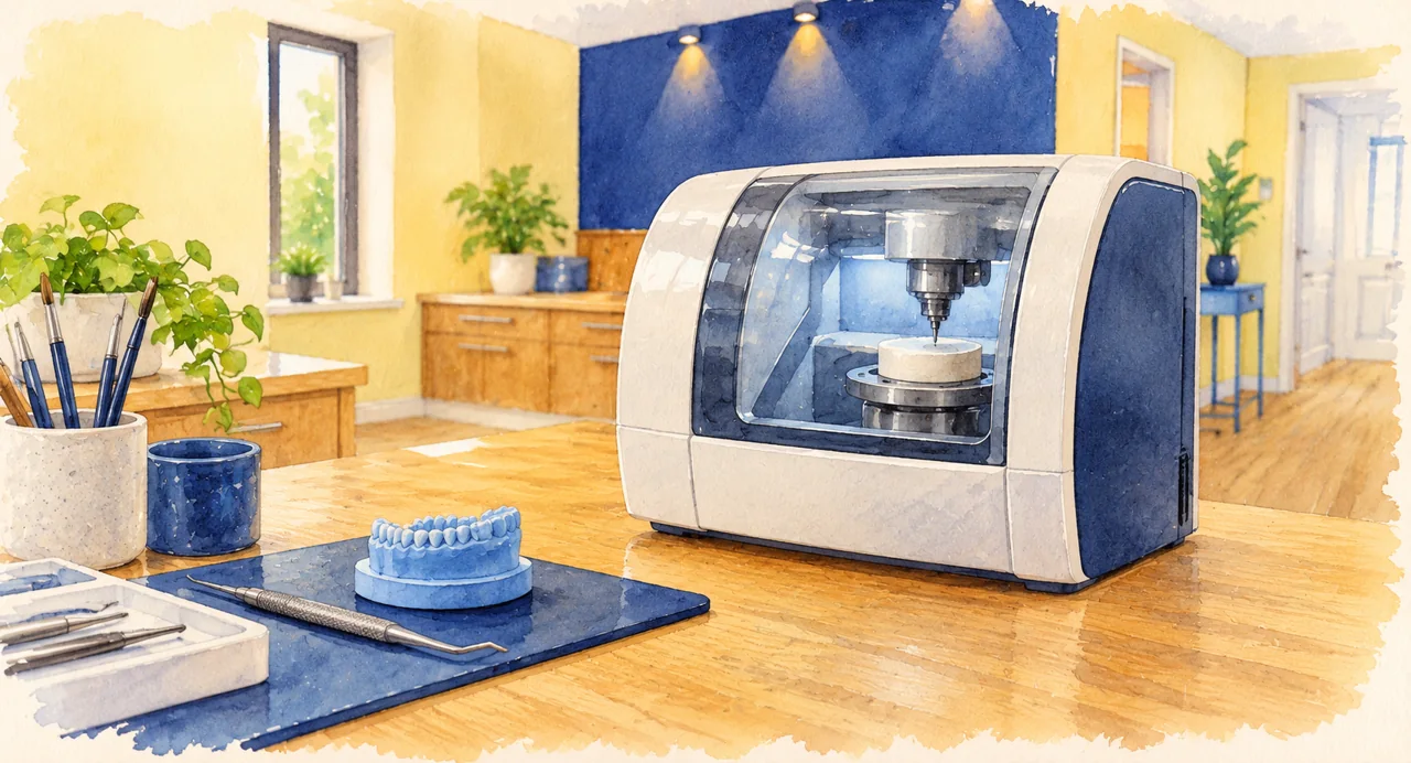 Illustration: a modern enclosed dental milling machine beside a small blue model on a tidy oak laboratory bench.