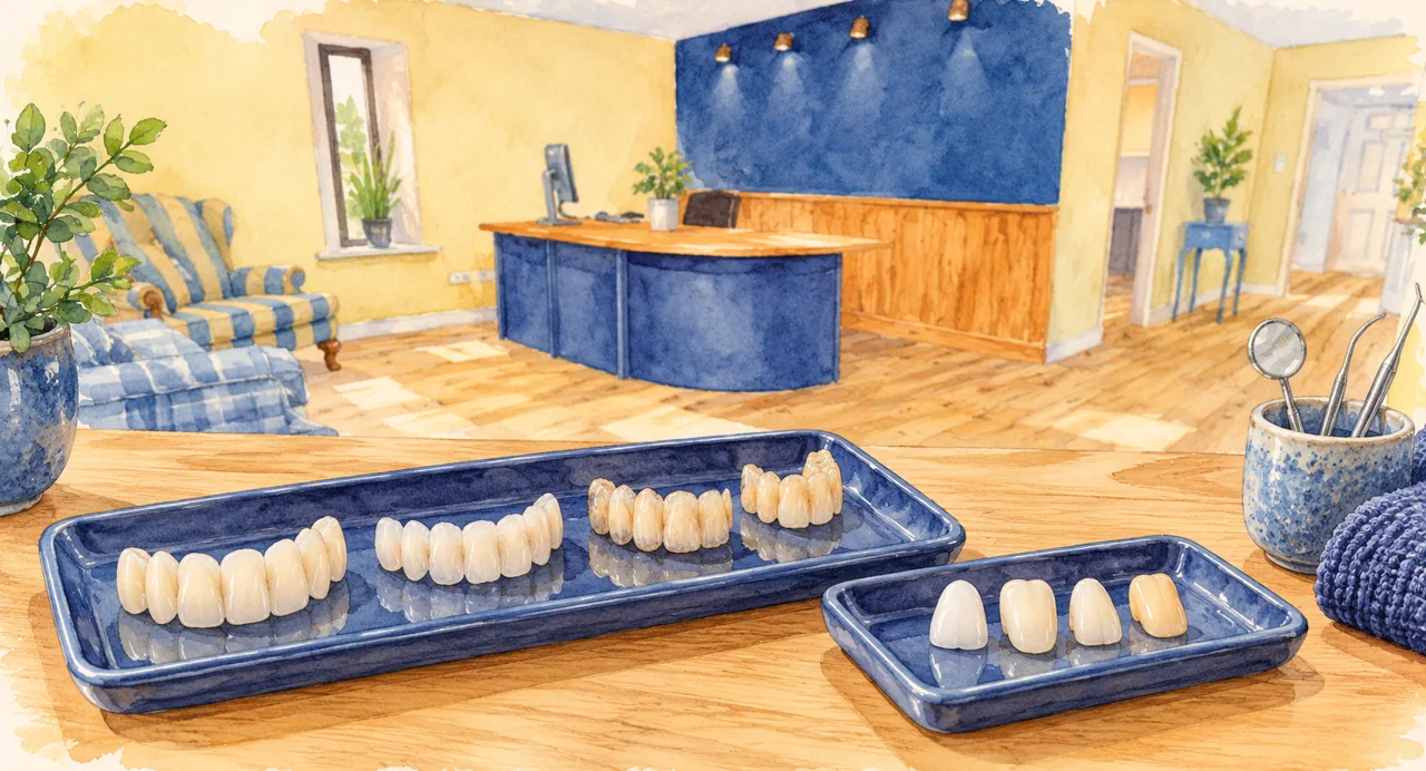 Illustration: several natural-looking denture tooth samples neatly arranged on blue ceramic trays.