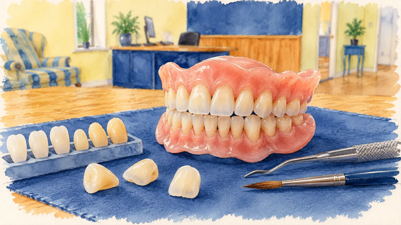 Illustration: a close painterly view of a natural-looking denture tooth arrangement on a blue laboratory mat.