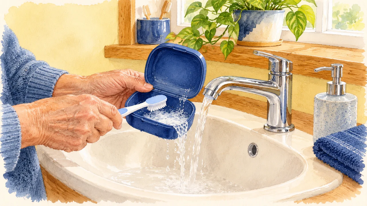 Illustration: an open blue denture case being gently washed over a cream sink with an oak shelf.