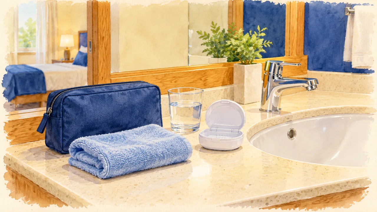 Illustration: a blue travel pouch and soft folded towel laid beside a hotel bathroom basin.
