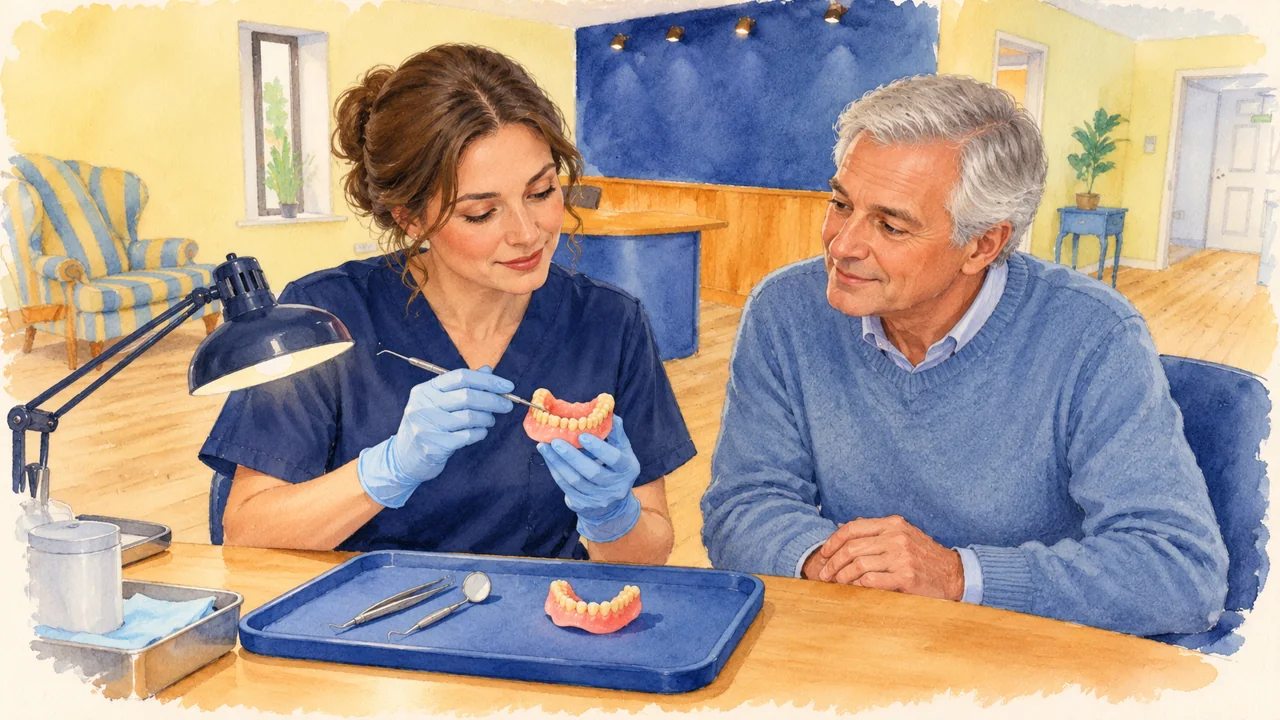 Illustration: a clinician inspecting a denture on a blue padded tray beneath a small laboratory lamp.