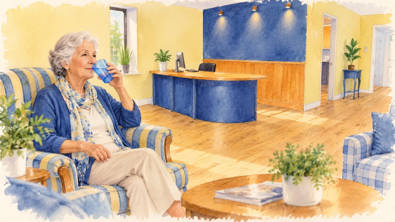 Illustration: an older woman sipping water from a blue glass in a warm cream clinic waiting room.