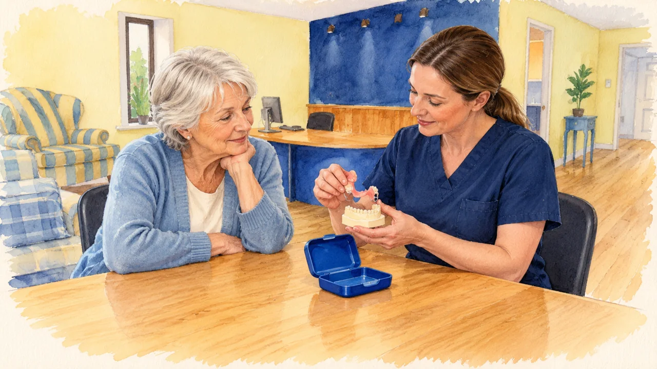 Illustration: an older patient watching a clinician demonstrate a partial denture on a model beside a blue case.
