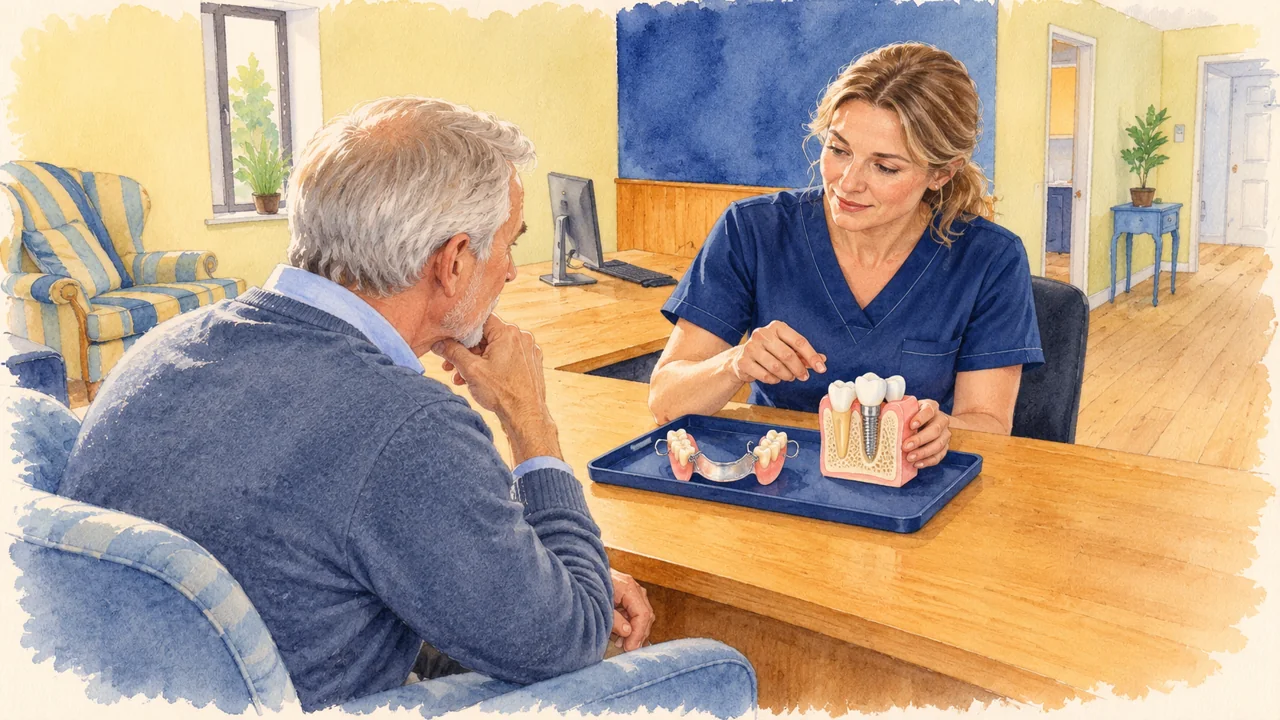 Illustration: a clinician showing an unlabelled implant model beside a removable partial denture on a blue tray.