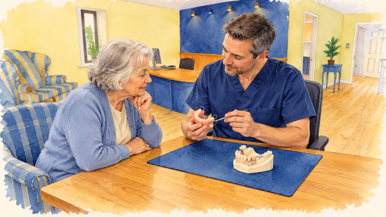 Illustration: a clinician studying an older partial denture beside a new plain dental model on a blue mat.