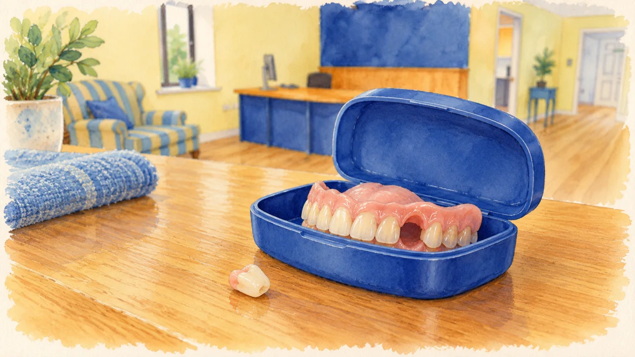 Illustration: a small detached denture tooth safely stored beside its denture in a blue lidded container.