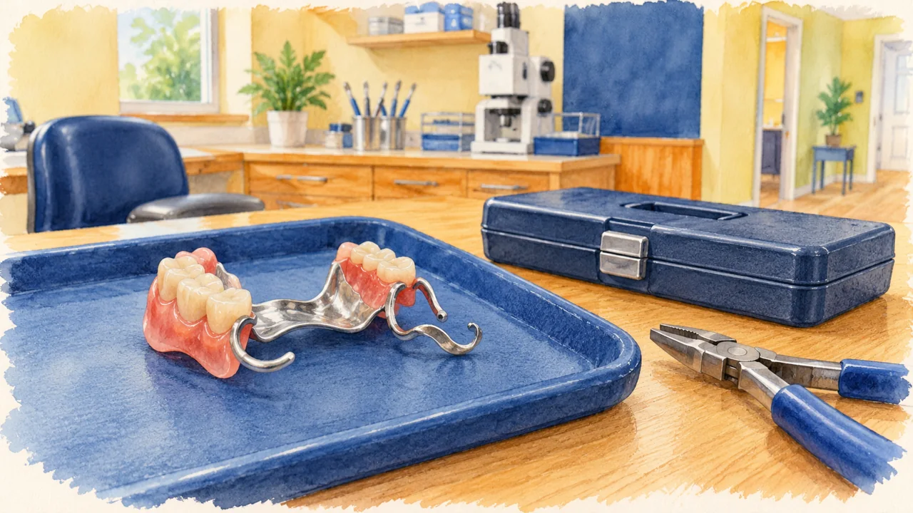 Illustration: a partial denture on a blue padded tray beside a closed toolkit in a professional laboratory.