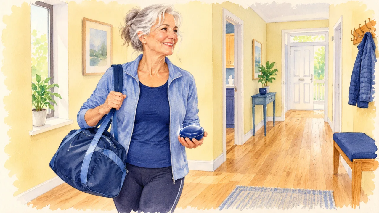 Illustration: an older active woman holding a blue sports bag and a closed protective case in a bright cream hallway.