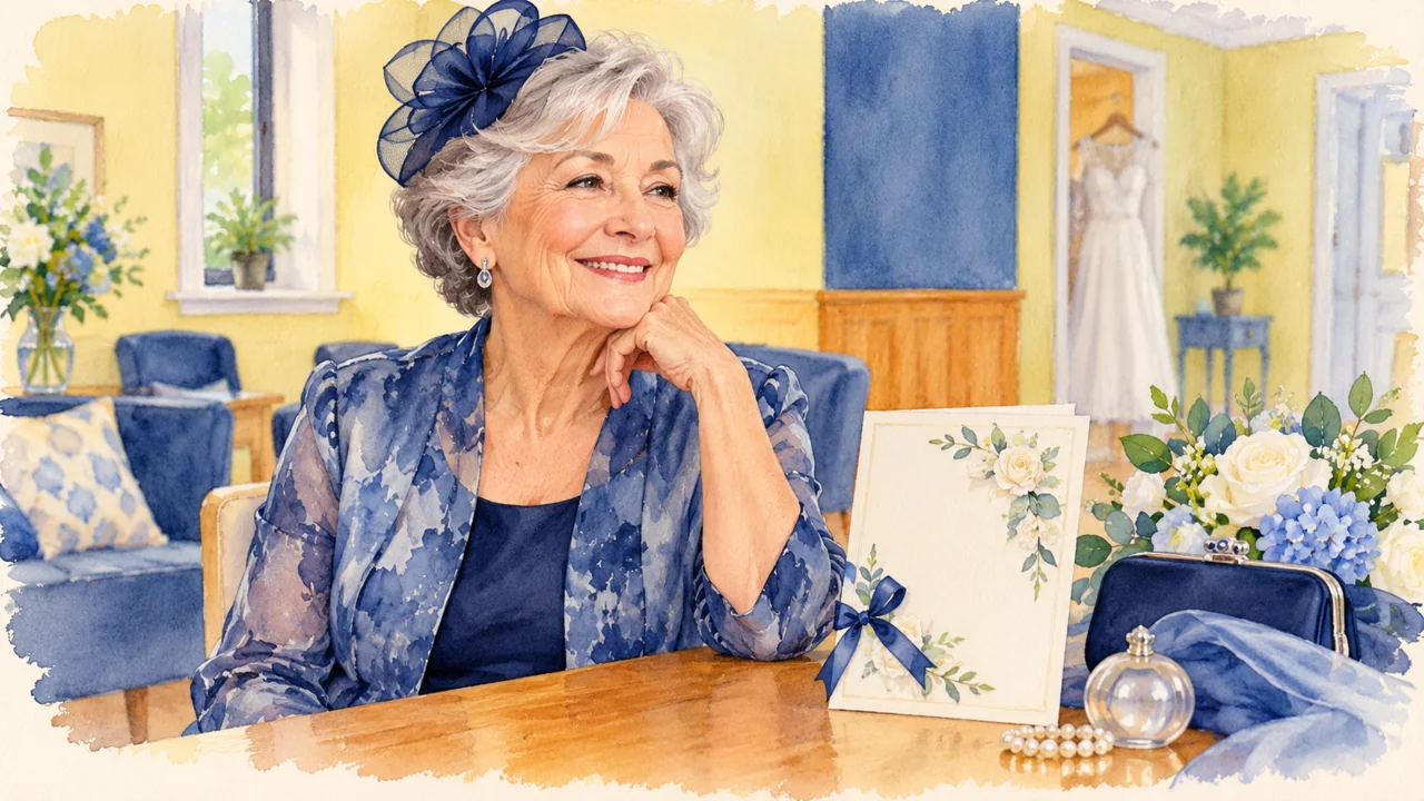 Illustration: an older woman in a blue occasion jacket smiling beside a wedding invitation with no readable text.