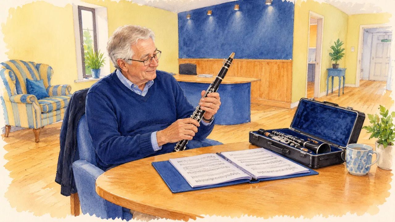 Illustration: an older musician with a clarinet in its open case beside a blue music folder, no playing close-up.