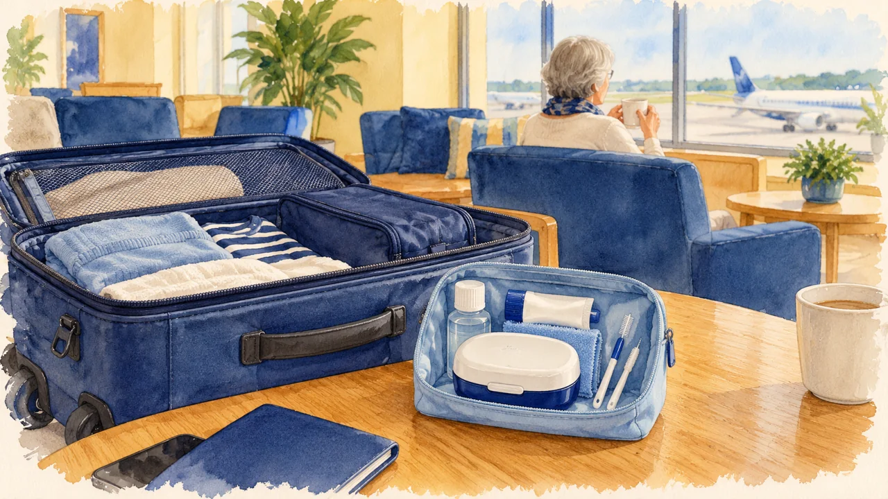 Illustration: a blue cabin bag with a small care pouch and closed denture case in a light cream airport lounge.