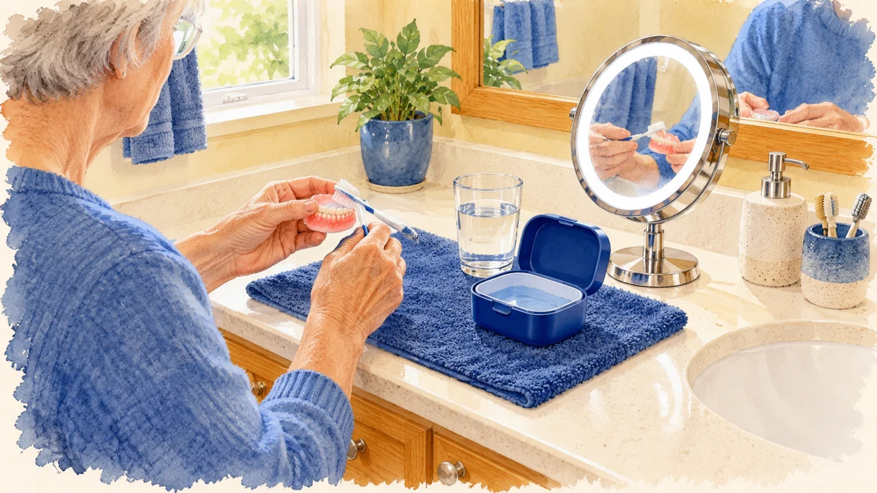 Illustration: a well-lit cream bathroom counter with blue high-contrast denture case and magnifying mirror.